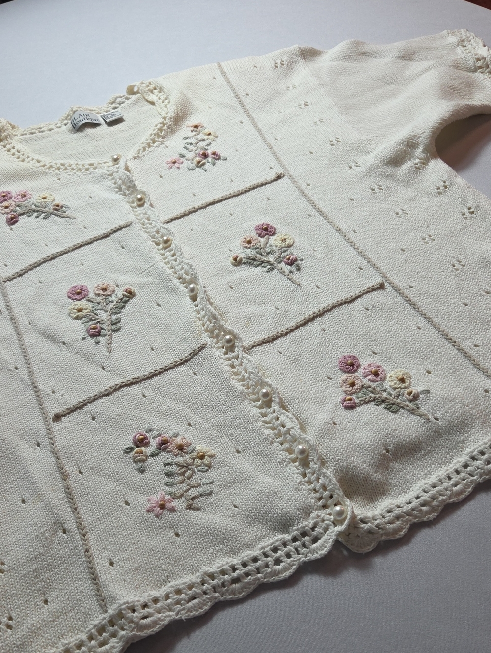 Blair Boutique Ivory Embroidered Short Sleeve Cardigan Sweater Size 3XL